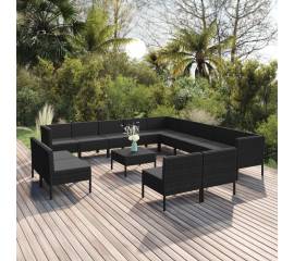 Set mobilier de grădină cu perne, 14 piese, negru, poliratan