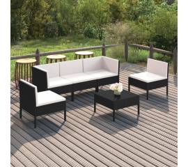 Set mobilier de grădină cu perne, 6 piese, negru, poliratan