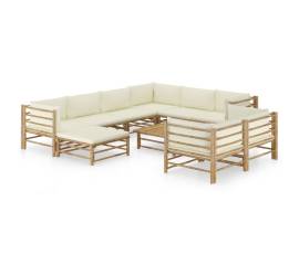 Set mobilier de grădină, 10 piese, perne alb crem, bambus