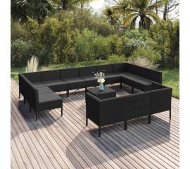 Set mobilier de grădină cu perne, 14 piese, negru, poliratan