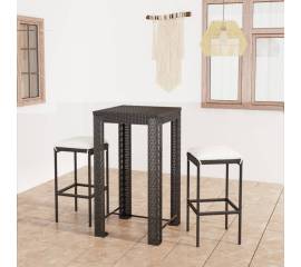 Set mobilier bar de grădină cu perne, 3 piese, negru, poliratan