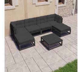 Set mobilier grădină cu perne, 7 piese, negru, lemn masiv pin