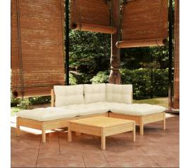 Set mobilier grădină cu perne crem, 5 piese, lemn masiv de pin