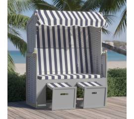 Scaun de plajă cu baldachin,albastru&alb,poliratan&lemn masiv