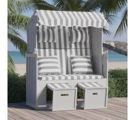 Scaun de plajă cu perne,gri&alb, poliratan și lemn masiv