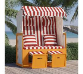 Scaun de plajă cu perne,roșu&alb, poliratan și lemn masiv