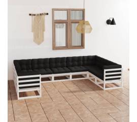 Set mobilier de grădină cu perne, 9 piese,alb,lemn masiv de pin