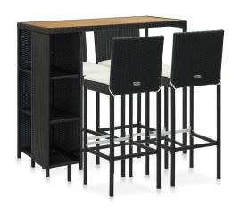 Set mobilier bar de grădină cu perne, 5 piese, negru, poliratan