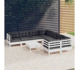 Set mobilier de grădină cu perne, 9 piese, alb, lemn de pin