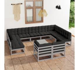 Set mobilier de grădină cu perne,12 piese,gri,lemn masiv de pin