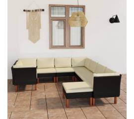 Set mobilier de grădină cu perne, 9 piese, negru, poliratan