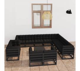 Set mobilier grădină cu perne, 13 piese, negru, lemn masiv pin