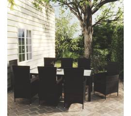 Set mobilier de exterior cu perne, 9 piese, negru, poliratan