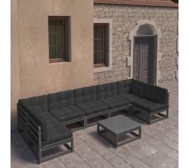 Set mobilier de grădină cu perne 8 piese, negru, lemn masiv pin