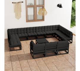 Set mobilier de grădină cu perne14 piese, negru, lemn masiv pin