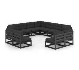 Set mobilier grădină cu perne, 11 piese, negru, lemn masiv pin