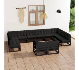 Set mobilier grădină cu perne, 12 piese, negru, lemn masiv pin