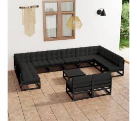 Set mobilier grădină cu perne, 13 piese, negru, lemn masiv pin