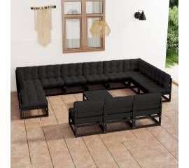 Set mobilier grădină cu perne, 14 piese, negru, lemn masiv pin