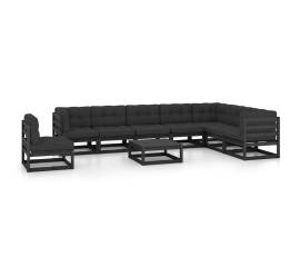 Set mobilier grădină cu perne, 9 piese, negru, lemn masiv pin