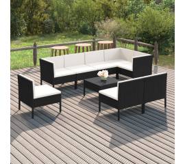 Set mobilier de grădină cu perne, 9 piese, negru, poliratan