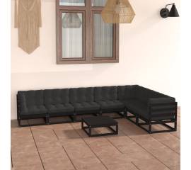 Set mobilier de grădină cu perne 8 piese, negru, lemn masiv pin