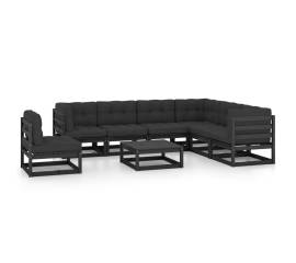 Set mobilier de grădină cu perne 8 piese, negru, lemn masiv pin