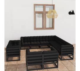 Set mobilier grădină cu perne, 11 piese, negru, lemn masiv pin