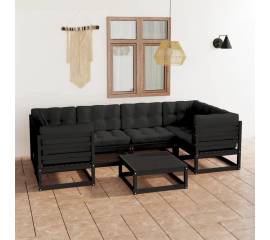 Set mobilier grădină cu perne, 7 piese, negru, lemn masiv pin