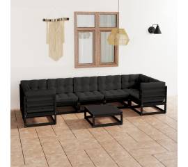 Set mobilier grădină cu perne, 8 piese, negru, lemn masiv pin