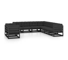 Set mobilier grădină cu perne, 9 piese, negru, lemn masiv pin