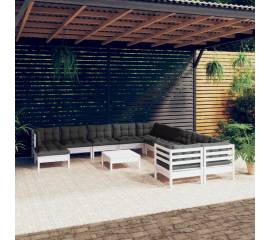 Set mobilier grădină cu perne, 12 piese, alb, lemn de pin
