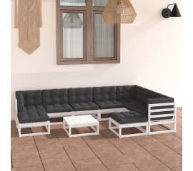 Set mobilier de grădină cu perne, 10 piese, alb, lemn masiv pin