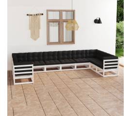 Set mobilier de grădină cu perne, 10 piese, alb, lemn masiv pin