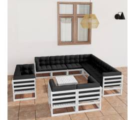 Set mobilier de grădină cu perne, 12 piese, alb, lemn masiv pin