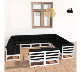 Set mobilier de grădină cu perne, 12 piese, alb, lemn masiv pin