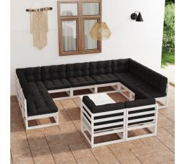 Set mobilier de grădină cu perne, 12 piese, alb, lemn masiv pin