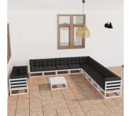 Set mobilier de grădină cu perne, 12 piese, alb, lemn masiv pin