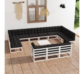 Set mobilier de grădină cu perne, 14 piese, alb, lemn masiv pin