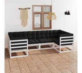 Set mobilier de grădină cu perne, 6 piese, alb, lemn masiv pin