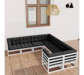 Set mobilier de grădină cu perne, 8 piese, alb, lemn masiv pin