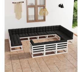 Set mobilier de grădină cu perne,13 piese,alb,lemn masiv de pin