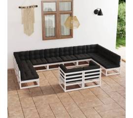 Set mobilier de grădină cu perne, 12 piese, alb, lemn masiv pin