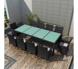 Set mobilier de exterior cu perne, 11 piese, negru, poliratan