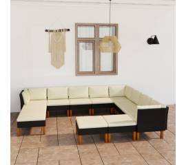 Set mobilier de grădină cu perne, 12 piese, negru, poliratan