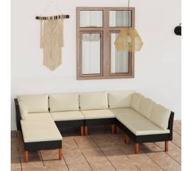 Set mobilier de grădină cu perne, 8 piese, negru, poliratan