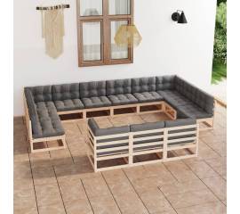 Set mobilier de grădină, 13 piese, cu perne, lemn masiv de pin