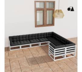 Set mobilier de grădină cu perne, 9 piese,alb,lemn masiv de pin