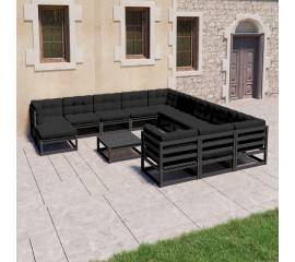 Set mobilier de grădină cu perne13 piese, negru, lemn masiv pin