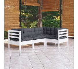 Set mobilier de grădină cu perne, 4 piese, alb, lemn de pin